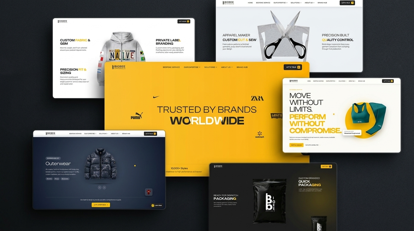 BigBee Apparels website — custom cut & sew, private label branding