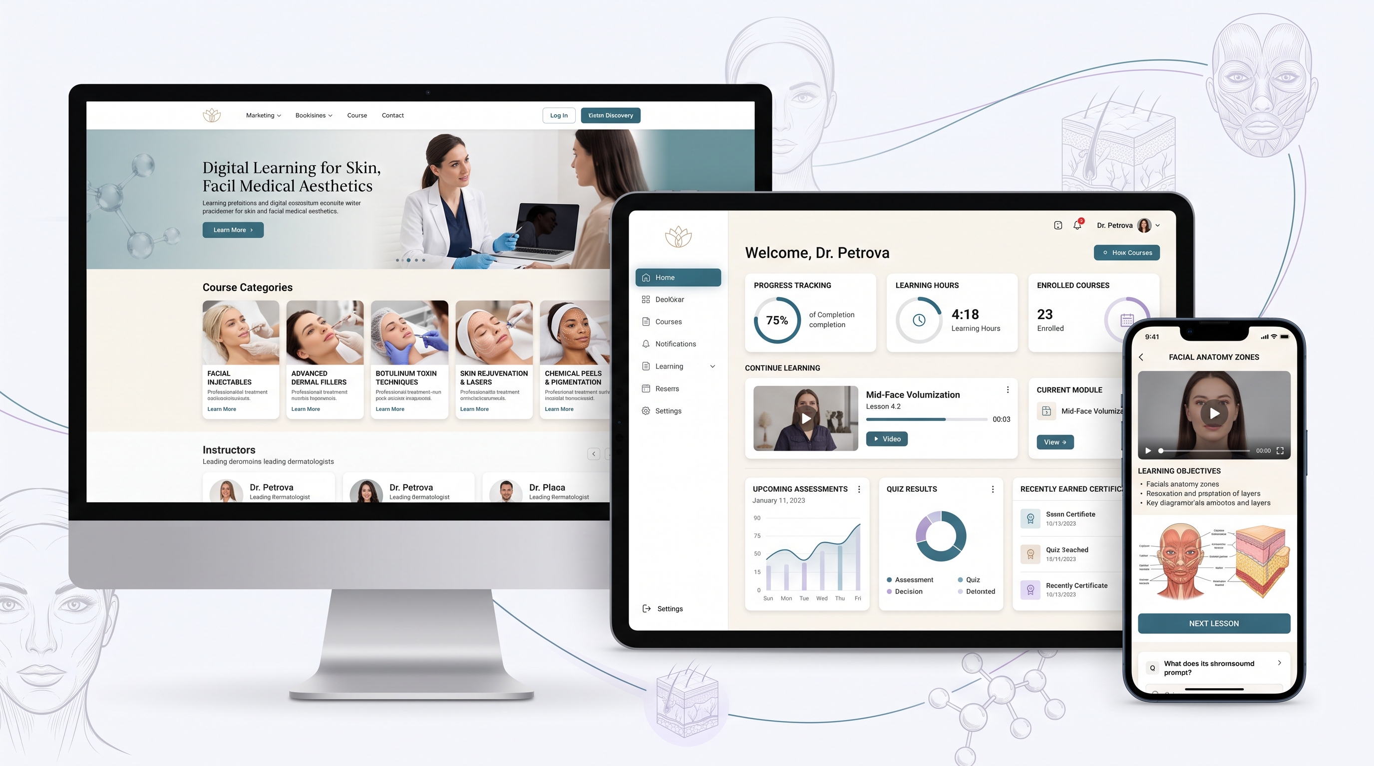 Dalaam learning platform — course marketing site, learner dashboard and mobile lesson view