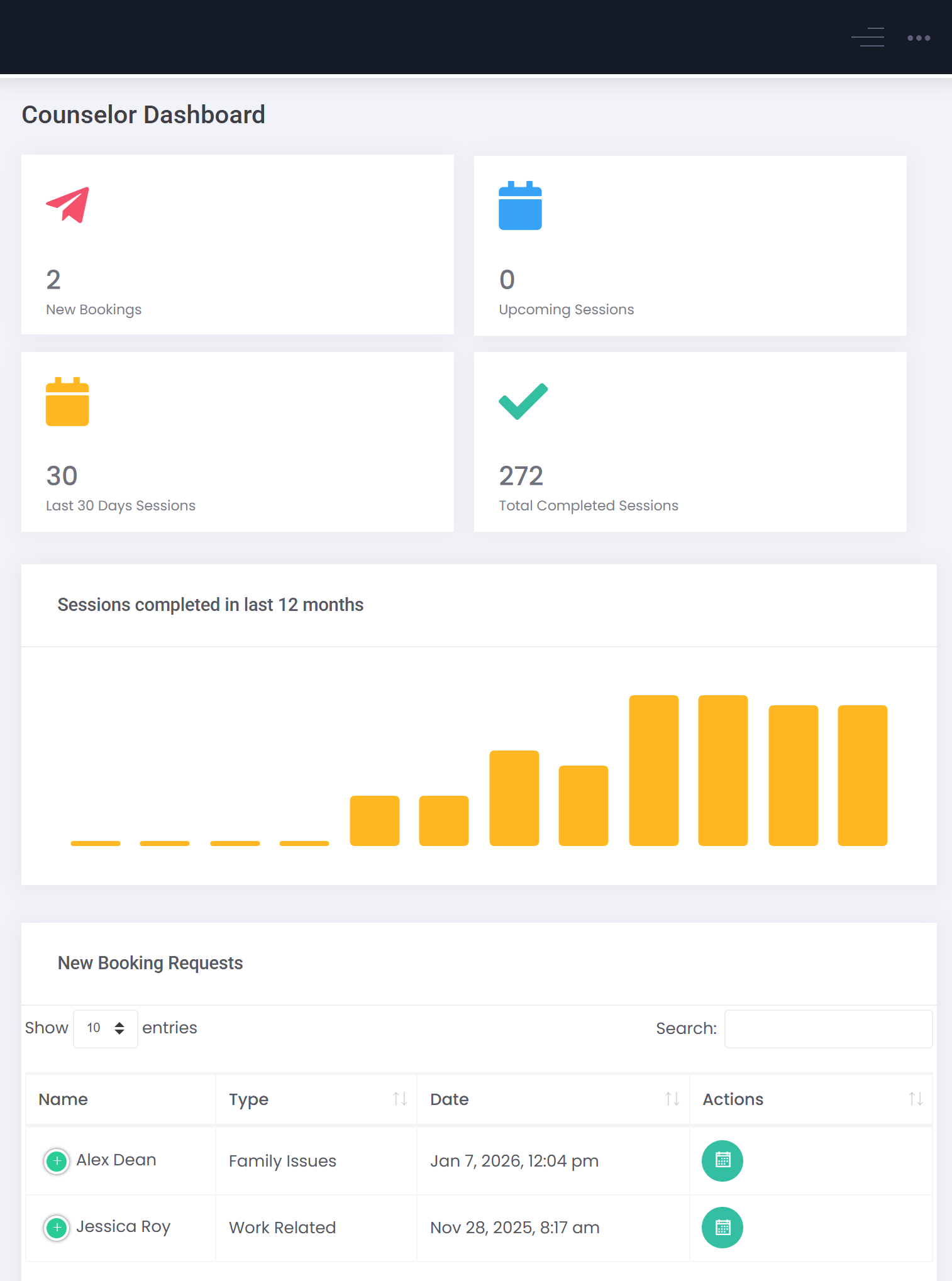MindFit counsellor dashboard — bookings, 12-month session history and requests