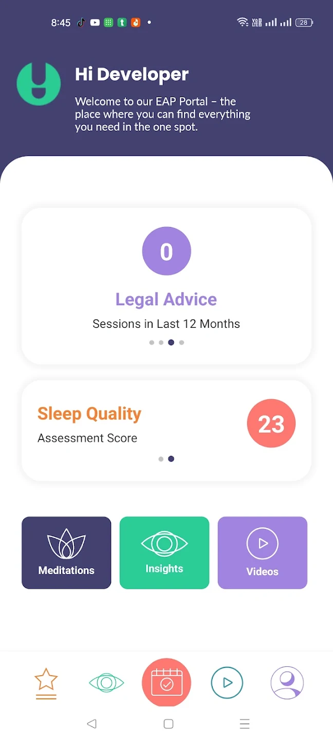 MindFit employee app — home screen with meditations, insights and videos