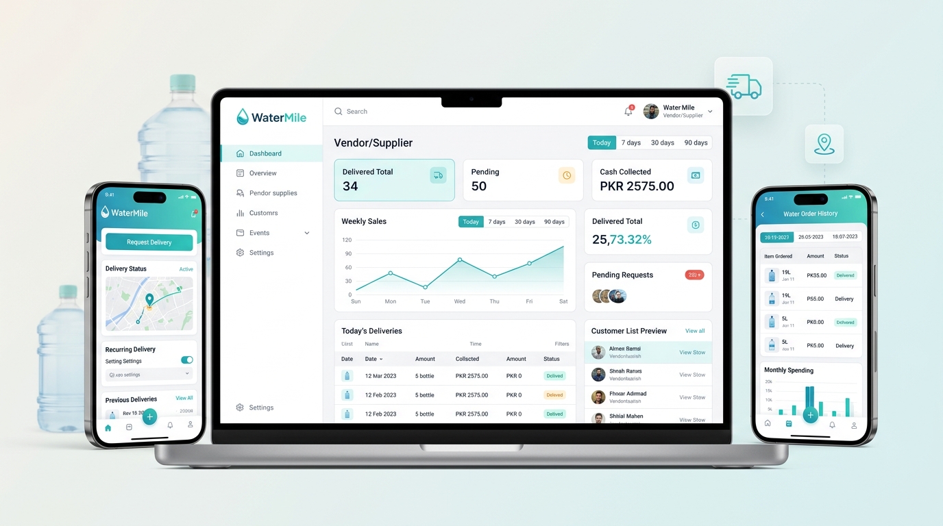 WaterMile vendor dashboard and consumer ordering app, desktop and mobile
