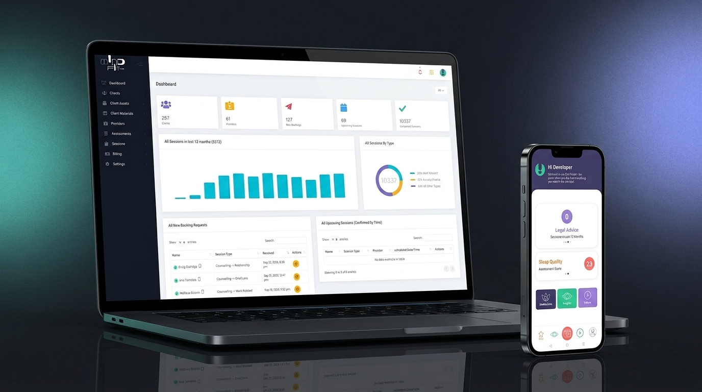 MindFit dashboard — provider sessions, billing and mobile wellbeing app